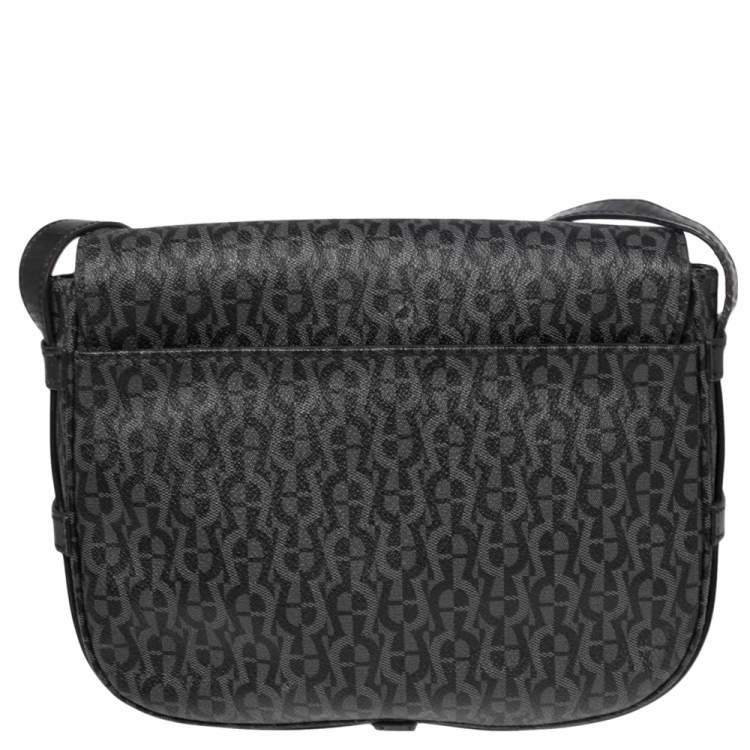 Pre Owned Aigner Black Signature PVC and Leather Messenger Bag