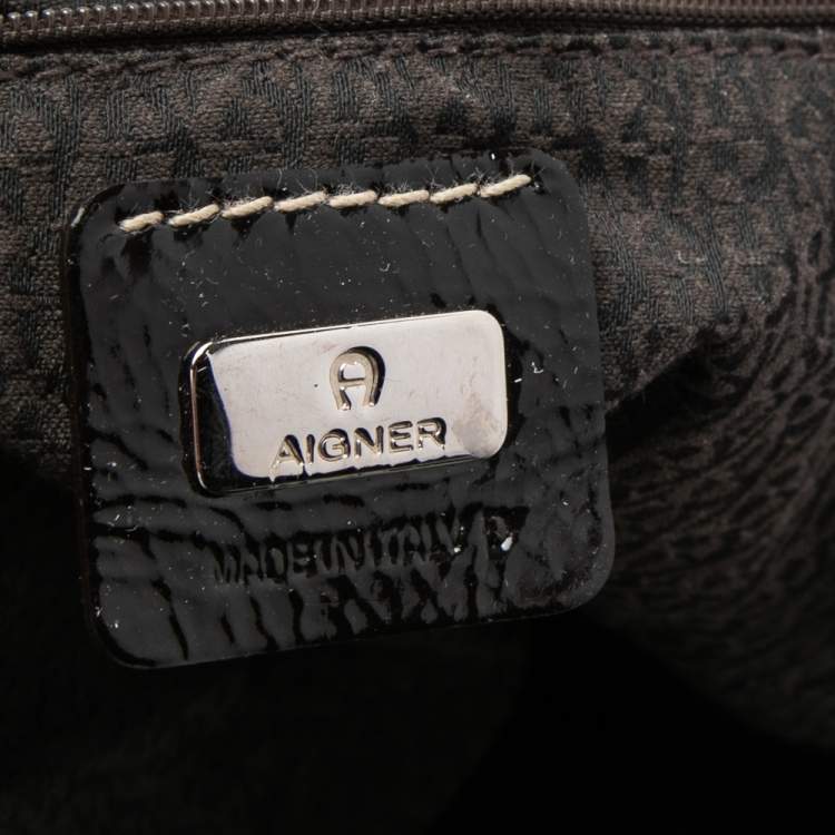 Pre Owned Aigner Brown Signature Canvas and Patent Leather 1965 Logo Hobo
