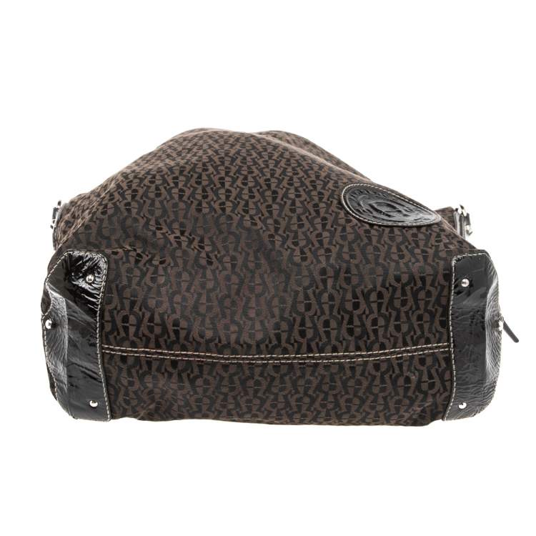 Pre Owned Aigner Brown Signature Canvas and Patent Leather 1965 Logo Hobo