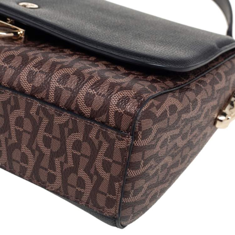Pre Owned Aigner Black/Brown Signature Coated Canvas and Leather Grazia Shoulder Bag