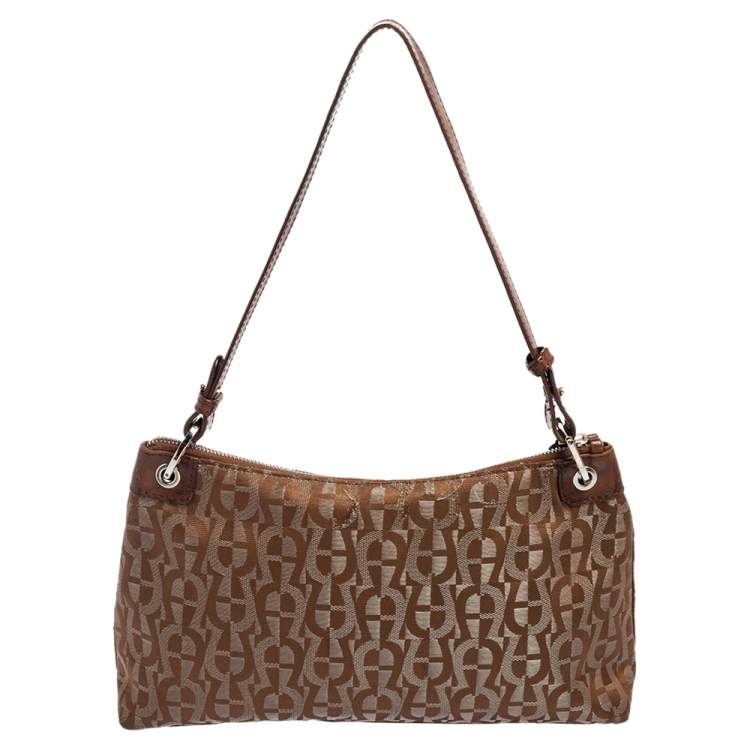 Pre Owned Aigner Monogram Silver/Brown Signature Fabric and Leather Shoulder Bag