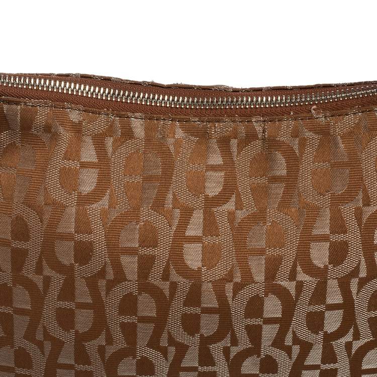 Pre Owned Aigner Monogram Silver/Brown Signature Fabric and Leather Shoulder Bag