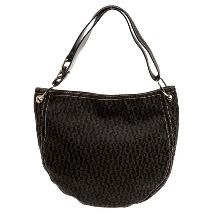 Pre Owned Aigner Brown Signature Nylon and Leather Small Hobo