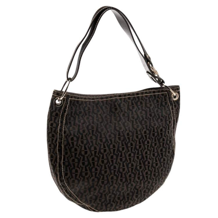 Pre Owned Aigner Brown Signature Nylon and Leather Small Hobo