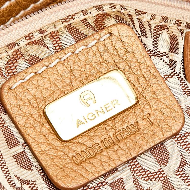 Pre Owned Aigner Beige/Gold Signature Fabric and Leather Hobo