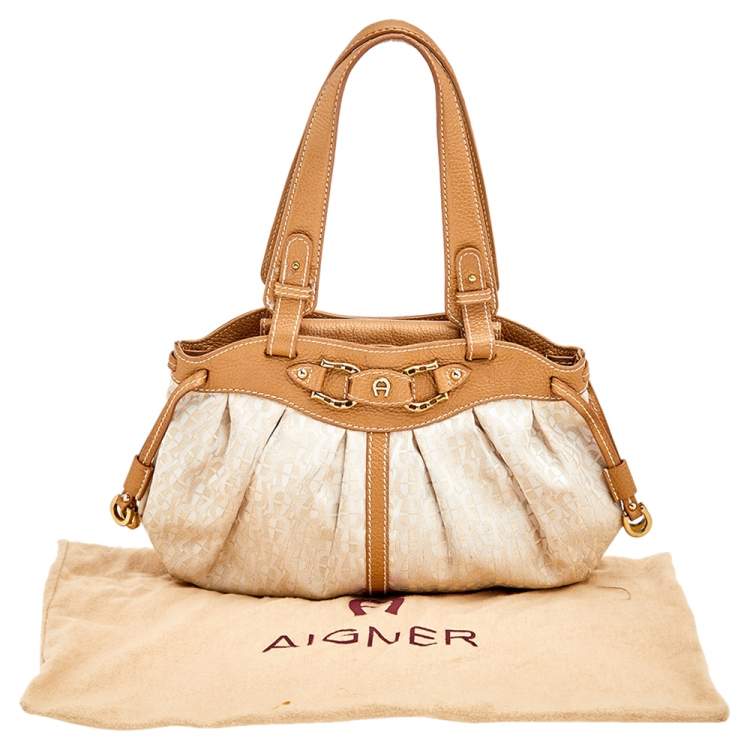 Pre Owned Aigner Beige/Gold Signature Fabric and Leather Hobo