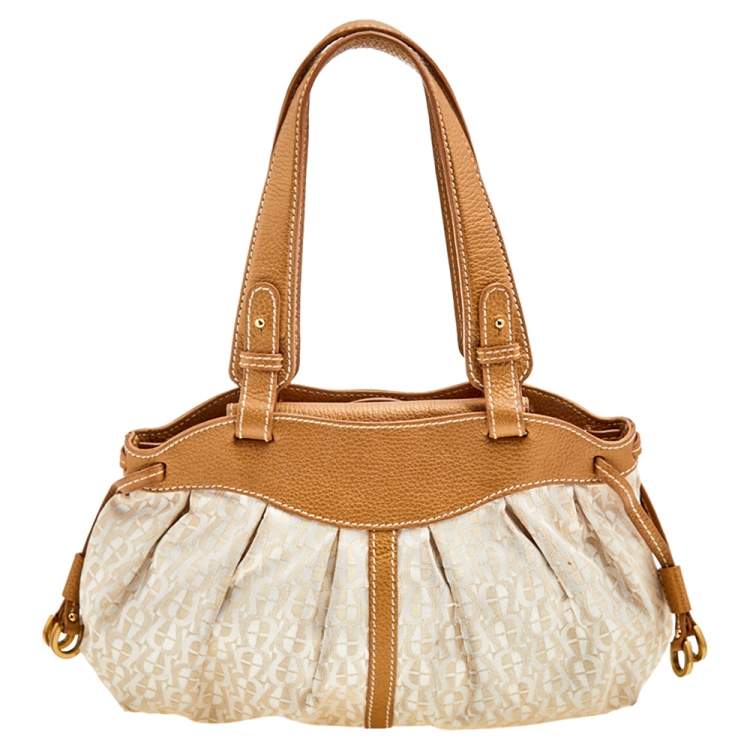 Pre Owned Aigner Beige/Gold Signature Fabric and Leather Hobo