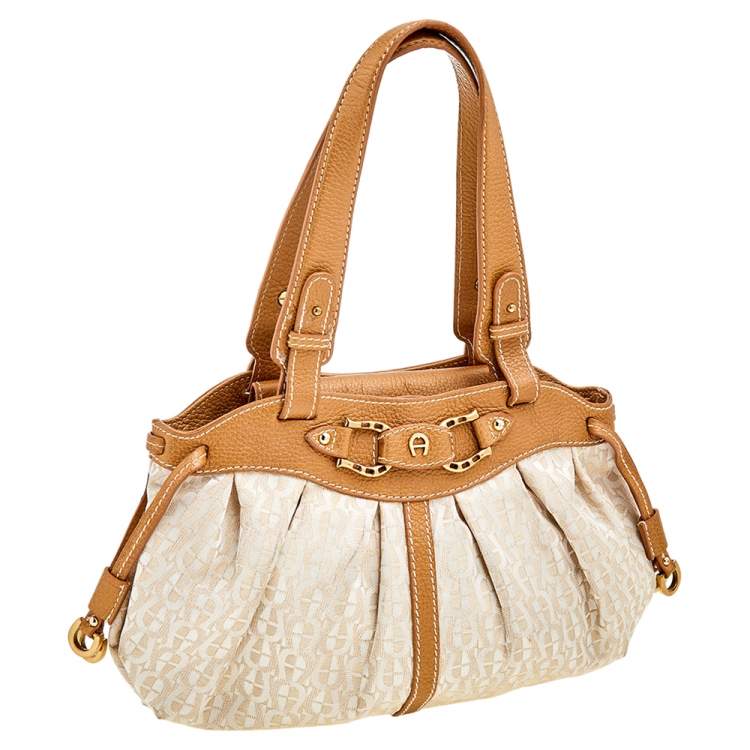 Pre Owned Aigner Beige/Gold Signature Fabric and Leather Hobo