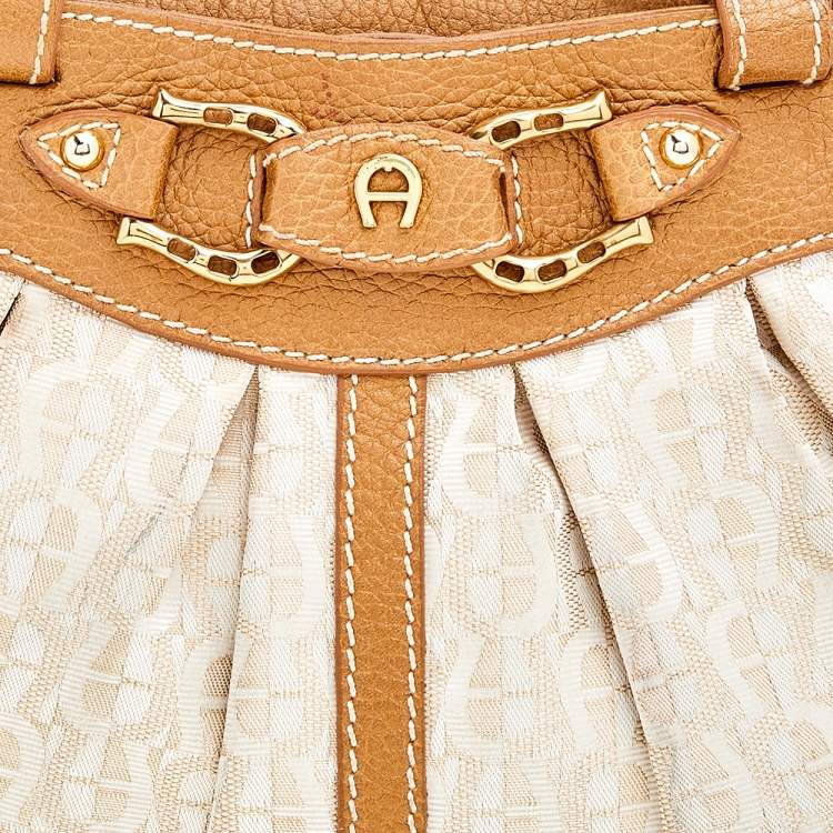 Pre Owned Aigner Beige/Gold Signature Fabric and Leather Hobo