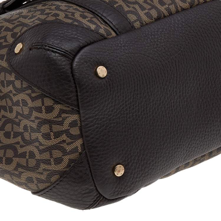 Pre Owned Aigner Dark Brown/Beige Signature Coated Canvas And Leather Tote
