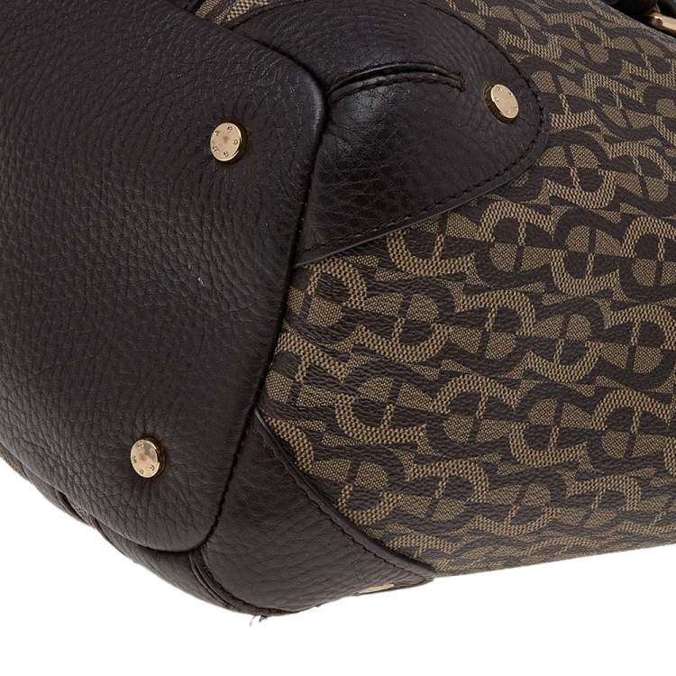 Pre Owned Aigner Dark Brown/Beige Signature Coated Canvas And Leather Tote