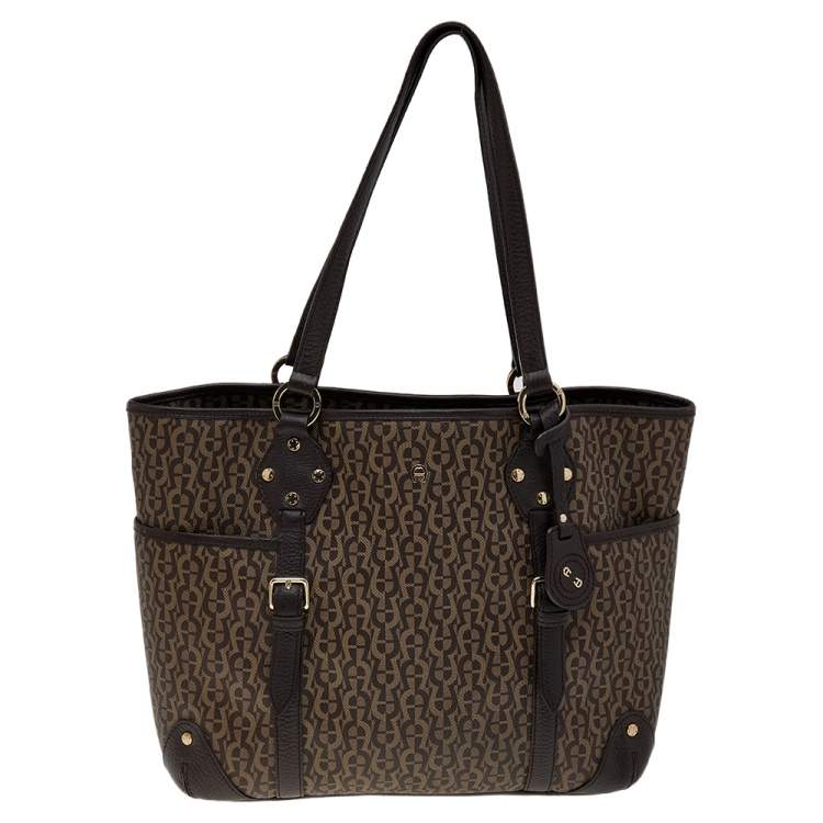 Pre Owned Aigner Dark Brown/Beige Signature Coated Canvas And Leather Tote