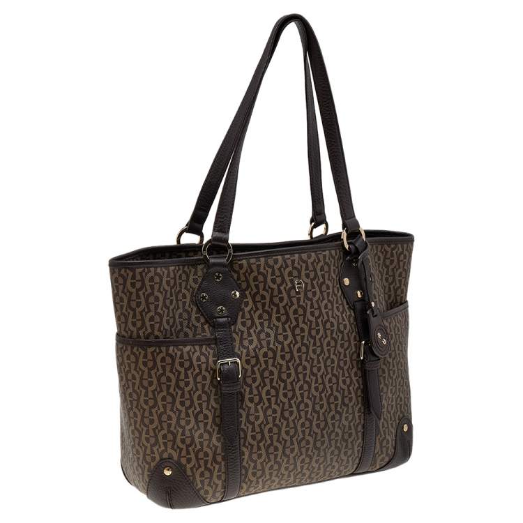 Pre Owned Aigner Dark Brown/Beige Signature Coated Canvas And Leather Tote