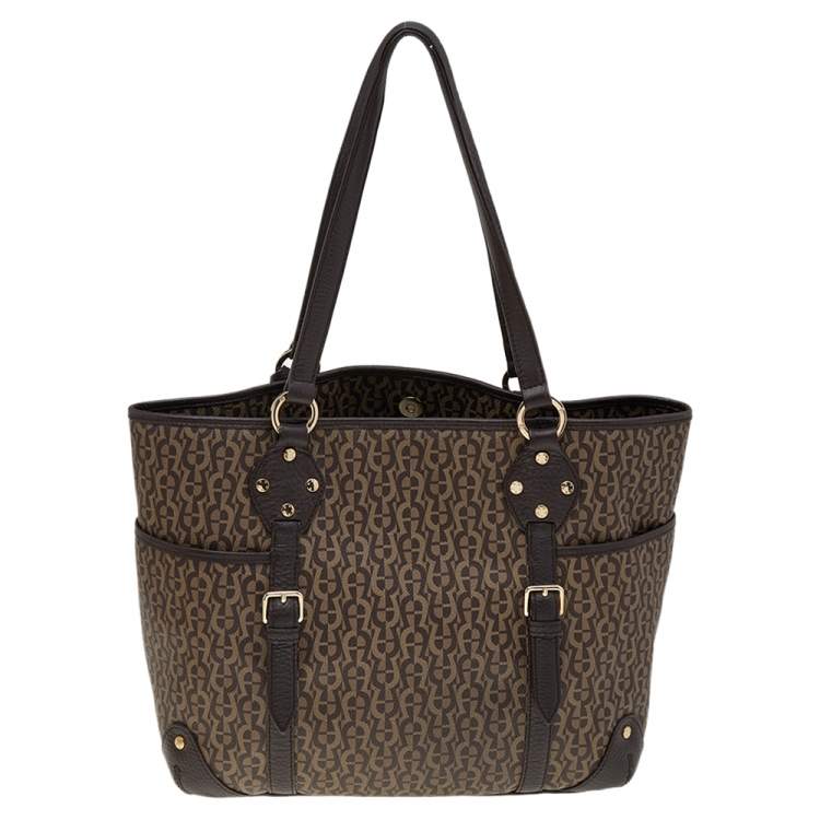 Pre Owned Aigner Dark Brown/Beige Signature Coated Canvas And Leather Tote