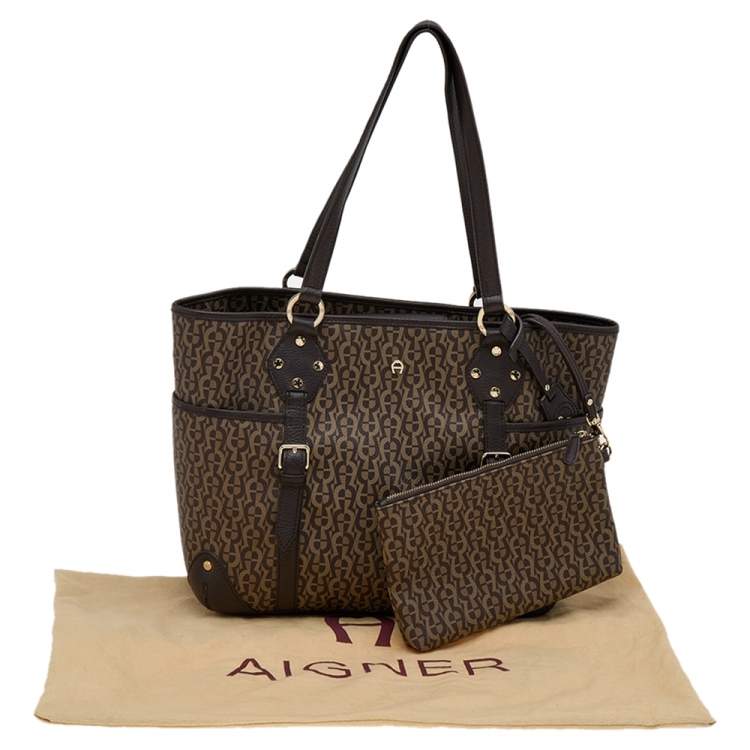 Pre Owned Aigner Dark Brown/Beige Signature Coated Canvas And Leather Tote