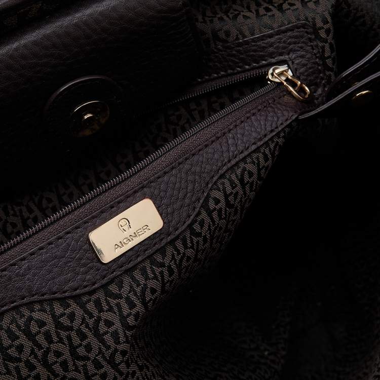 Pre Owned Aigner Dark Brown/Beige Signature Coated Canvas And Leather Tote