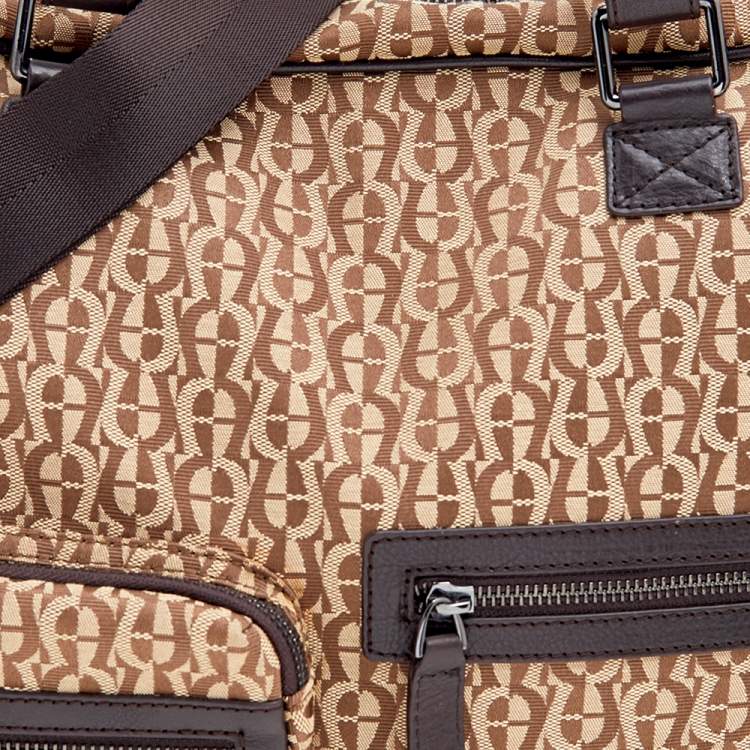 Pre Owned Aigner Dark Brown/Beige Signature Canvas And Leather Laptop Bag