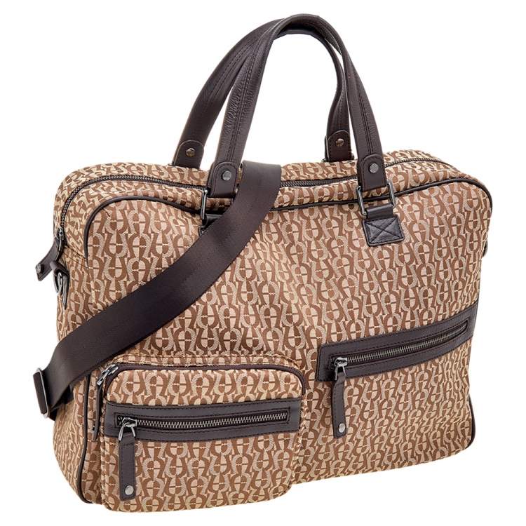 Pre Owned Aigner Dark Brown/Beige Signature Canvas And Leather Laptop Bag
