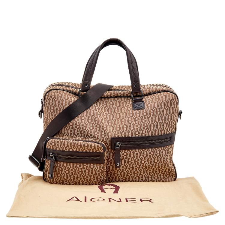 Pre Owned Aigner Dark Brown/Beige Signature Canvas And Leather Laptop Bag