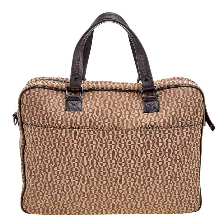 Pre Owned Aigner Dark Brown/Beige Signature Canvas And Leather Laptop Bag