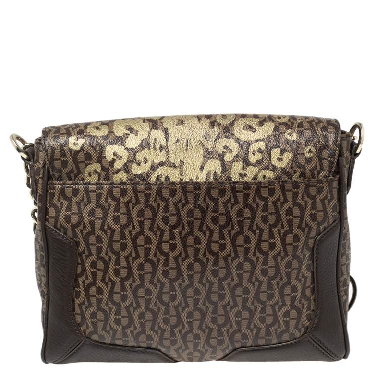 Pre Owned Aigner Beige/Brown Signature Canvas and Leather Flap Shoulder Bag