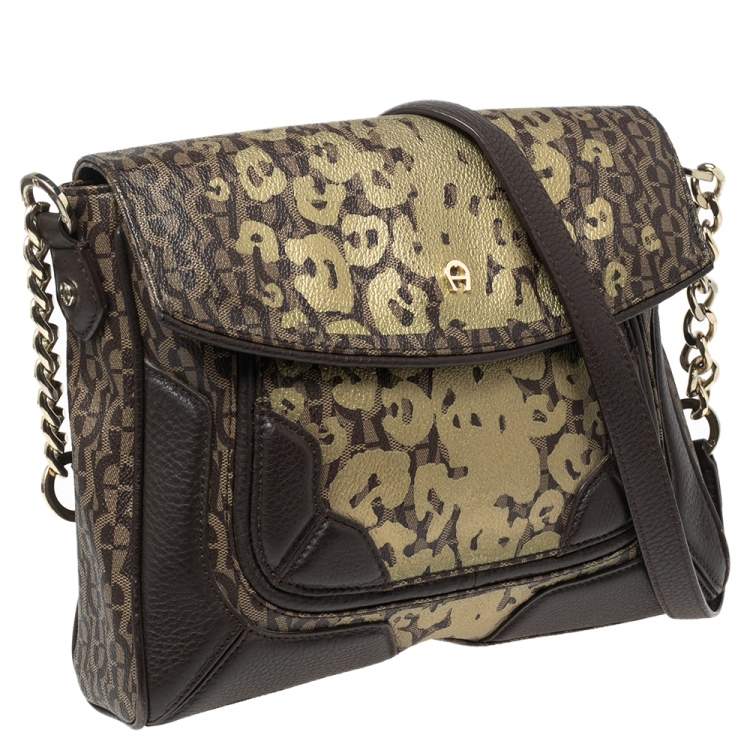 Pre Owned Aigner Beige/Brown Signature Canvas and Leather Flap Shoulder Bag