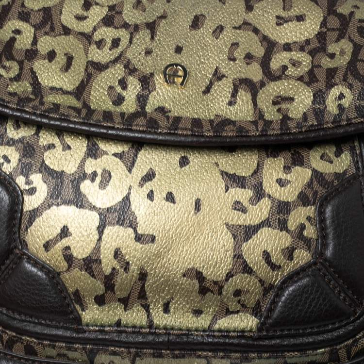 Pre Owned Aigner Beige/Brown Signature Canvas and Leather Flap Shoulder Bag