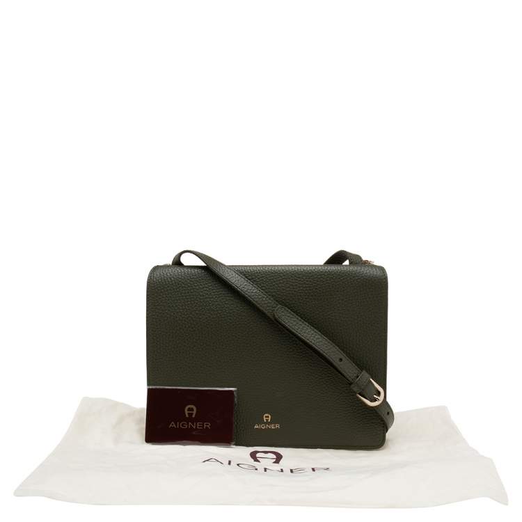 Pre Owned Aigner Olive Green Leather Flap Crossbody Bag