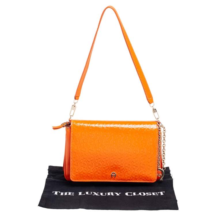 Pre Owned Aigner Tangerine Signature Embossed Patent and Leather Charm Shoulder Bag