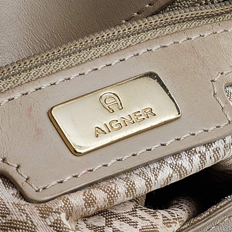 Pre Owned Aigner Dark Beige Python Embossed Leather Shoulder Bag