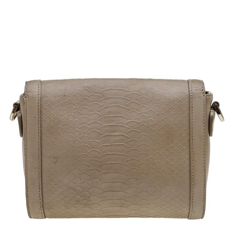 Pre Owned Aigner Dark Beige Python Embossed Leather Shoulder Bag