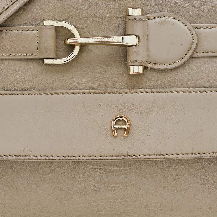 Pre Owned Aigner Dark Beige Python Embossed Leather Shoulder Bag