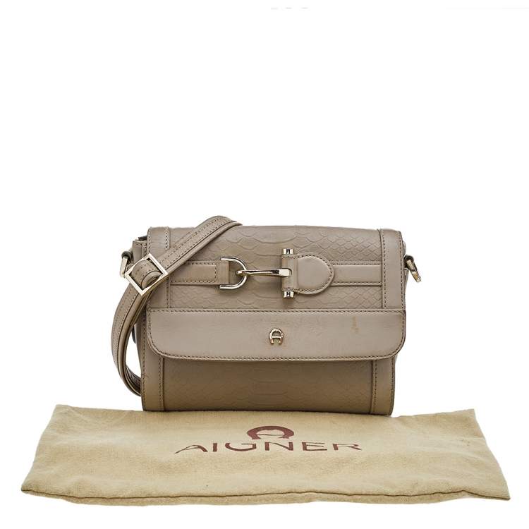 Pre Owned Aigner Dark Beige Python Embossed Leather Shoulder Bag