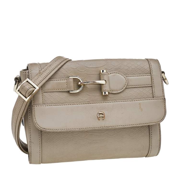 Pre Owned Aigner Dark Beige Python Embossed Leather Shoulder Bag