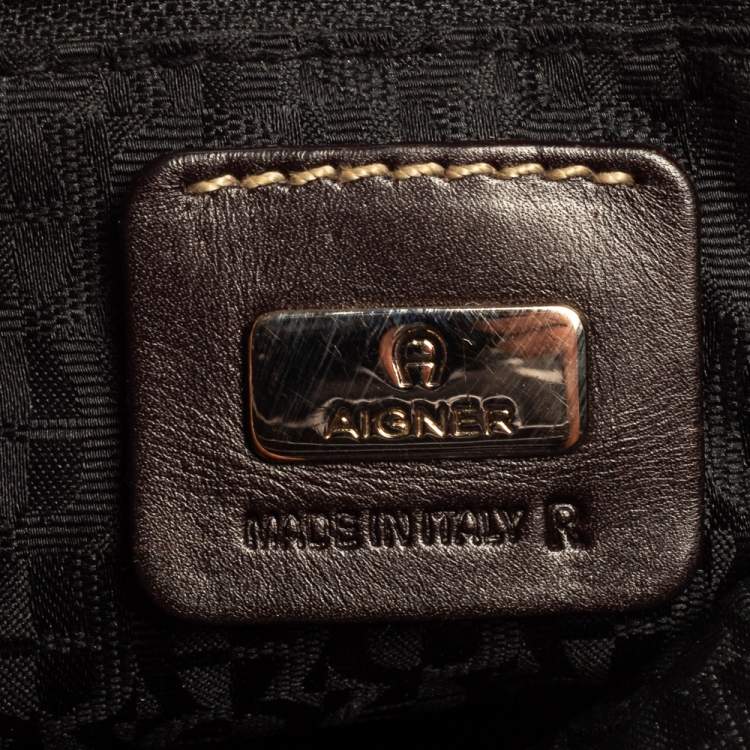 Pre Owned Aigner Dark Brown Signature Canvas and Leather Buckle Flap Baguette Bag
