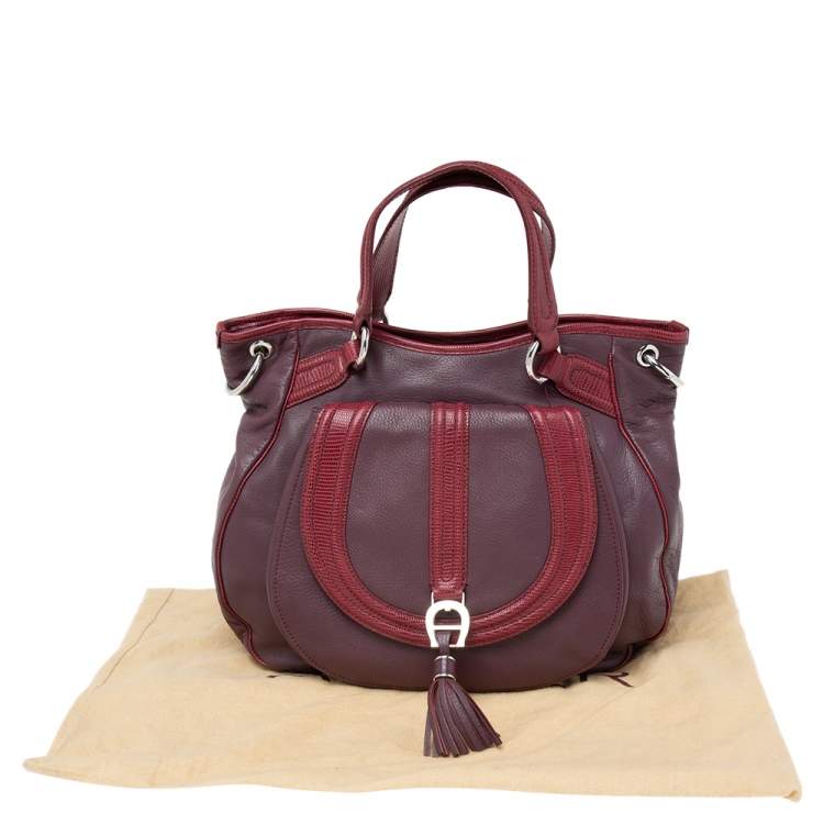 Pre Owned Aigner Purple/Burgundy Leather And Lizard Embossed Leather Front Pocket Satchel
