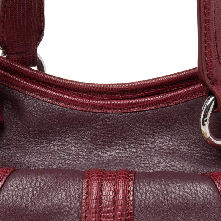 Pre Owned Aigner Purple/Burgundy Leather And Lizard Embossed Leather Front Pocket Satchel