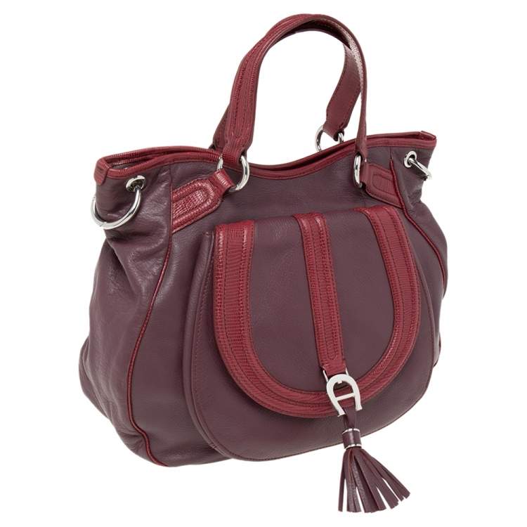 Pre Owned Aigner Purple/Burgundy Leather And Lizard Embossed Leather Front Pocket Satchel