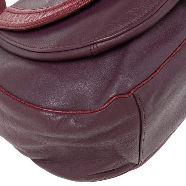 Pre Owned Aigner Purple/Burgundy Leather And Lizard Embossed Leather Front Pocket Satchel