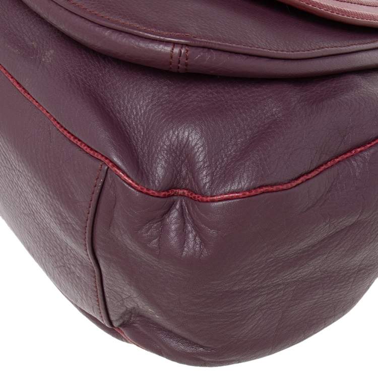 Pre Owned Aigner Purple/Burgundy Leather And Lizard Embossed Leather Front Pocket Satchel