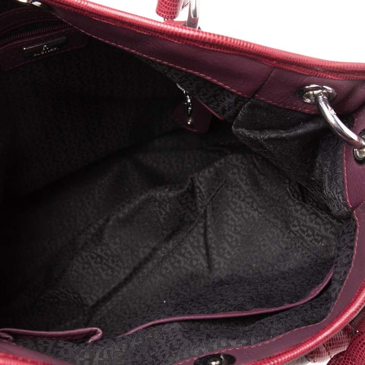 Pre Owned Aigner Purple/Burgundy Leather And Lizard Embossed Leather Front Pocket Satchel