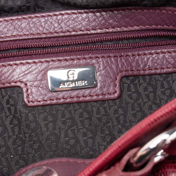 Pre Owned Aigner Purple/Burgundy Leather And Lizard Embossed Leather Front Pocket Satchel
