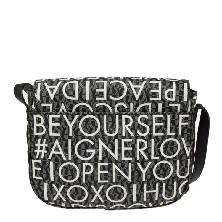مملوكة مسبقًا Aigner Black Signature Canvas And Leather Flap Shoulder Bag