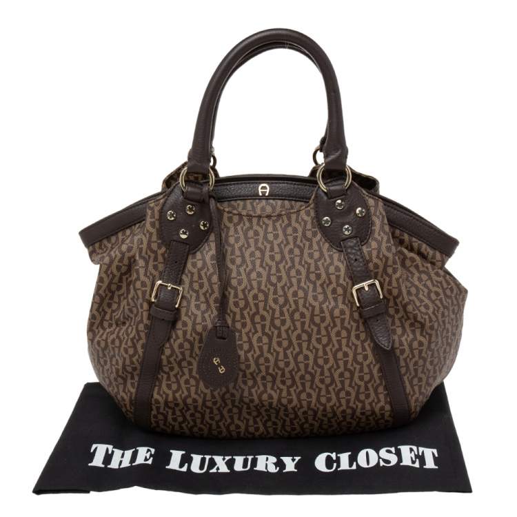 Pre Owned Aigner Brown Signature Coated Canvas and Leather Zip Shoulder Bag