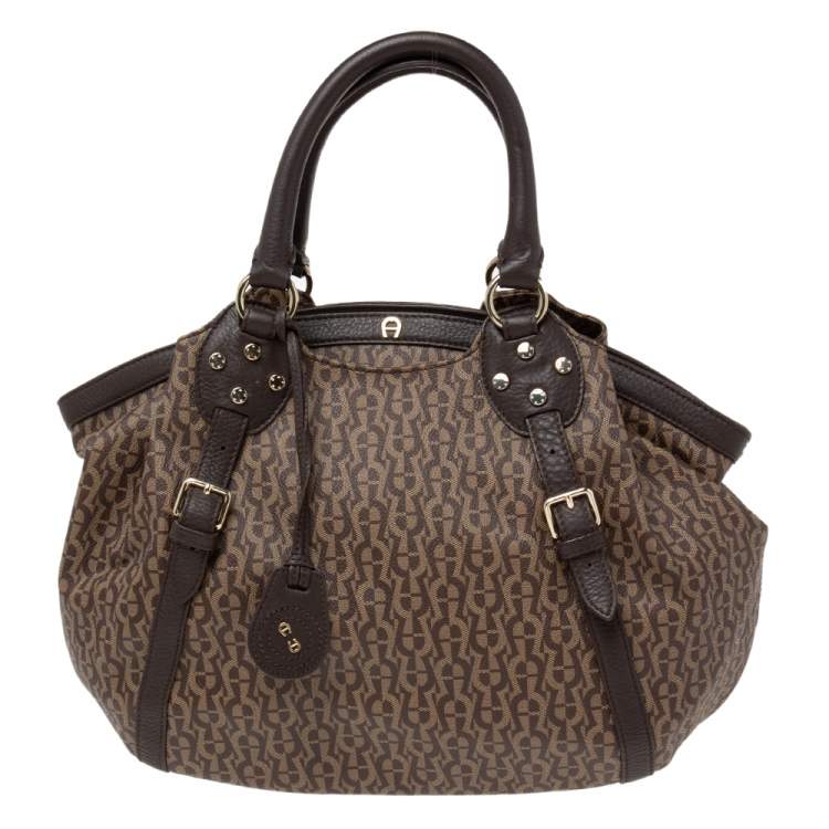 Pre Owned Aigner Brown Signature Coated Canvas and Leather Zip Shoulder Bag