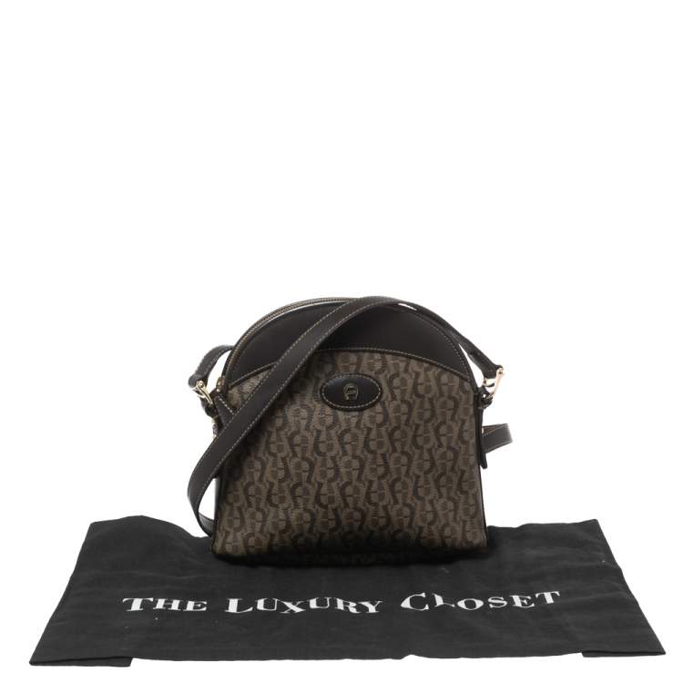 Pre Owned Aigner Brown Monogram Coated Canvas & Leather Dome Crossbody Bag