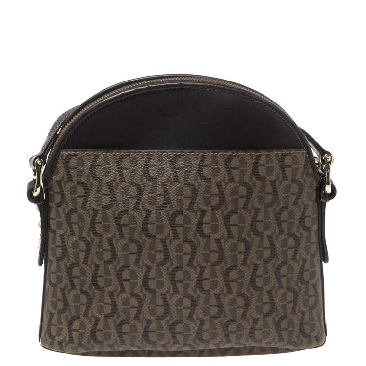 Pre Owned Aigner Brown Monogram Coated Canvas & Leather Dome Crossbody Bag