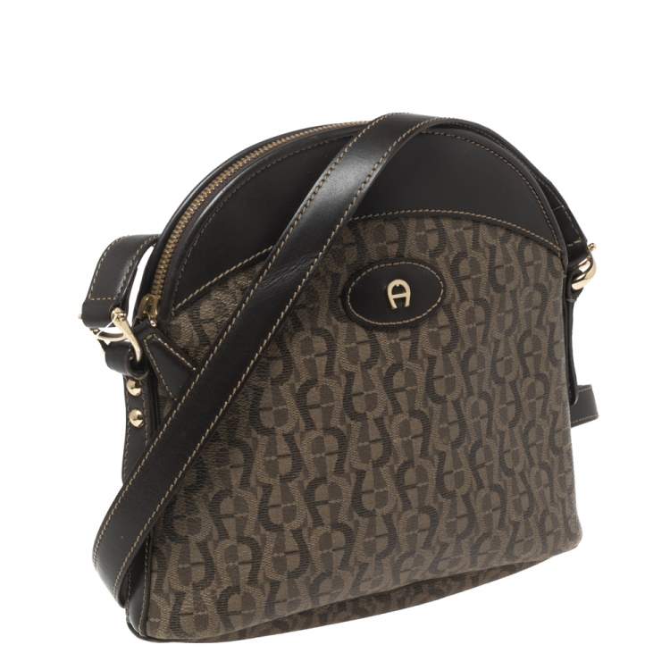 Pre Owned Aigner Brown Monogram Coated Canvas & Leather Dome Crossbody Bag