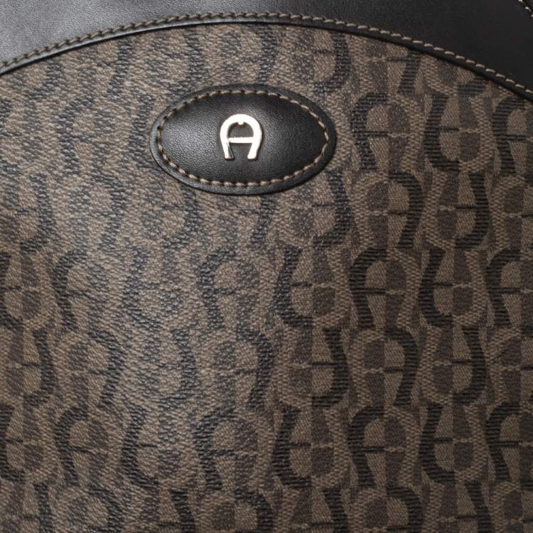 Pre Owned Aigner Brown Monogram Coated Canvas & Leather Dome Crossbody Bag