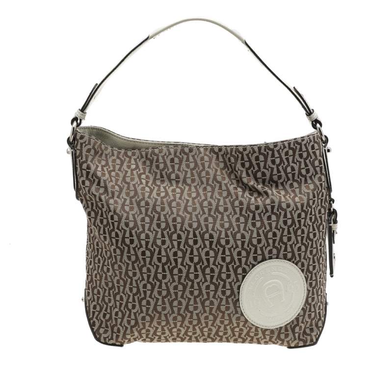 Pre Owned Aigner Beige/Off White Canvas and Leather Hobo